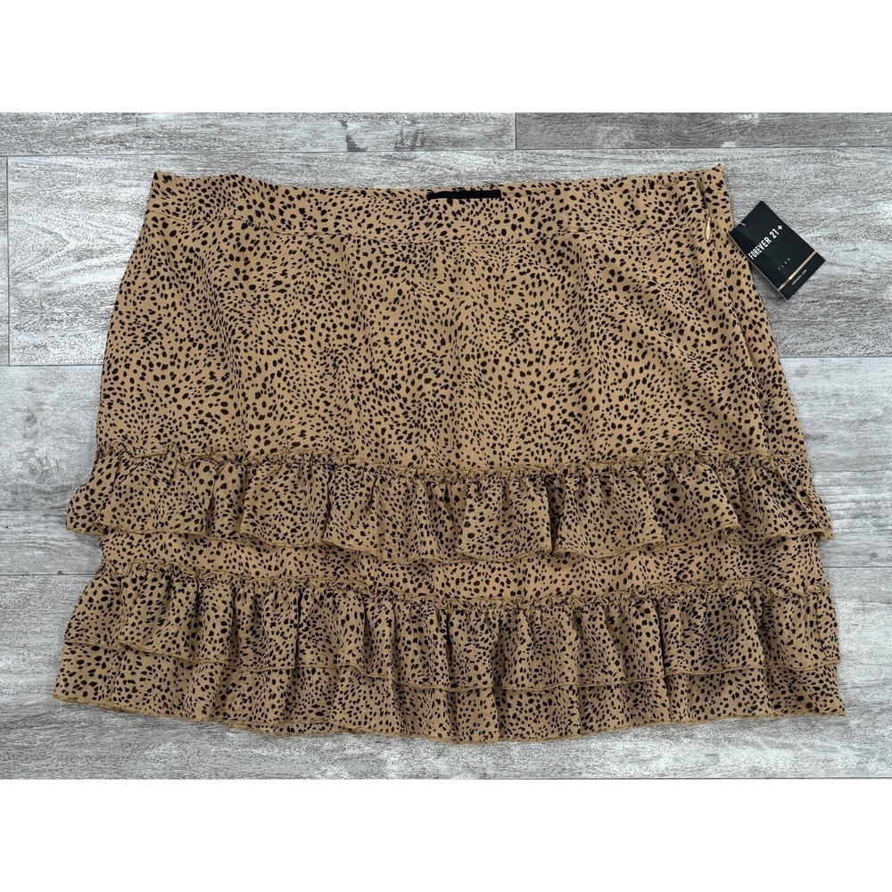 Forever 21 Leopard Cheetah Print Ruffle Skirt Womens Plus Size 2X Side Zip NEW